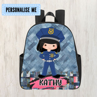 a backpack with a picture of a girl police officer on it