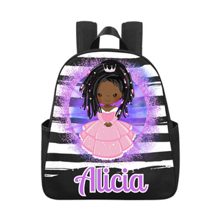 a backpack with a picture of a girl in a pink dress