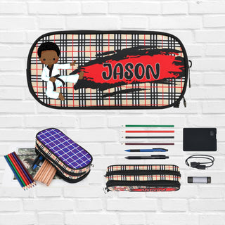 a pencil case with a picture of a person on it