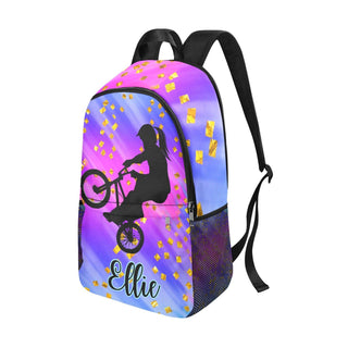 a purple and blue backpack with a girl on a bike