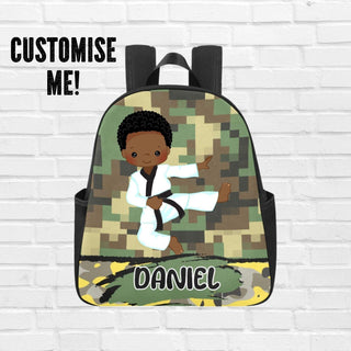 a backpack with a picture of a girl doing karate