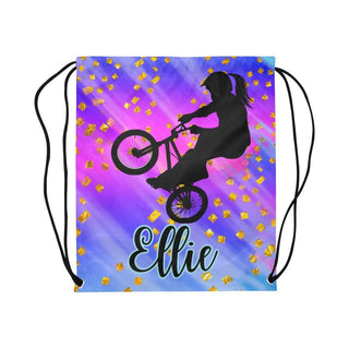 a drawsack bag with a silhouette of a girl on a bike