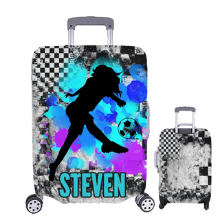 a piece of luggage with a picture of a woman kicking a soccer ball