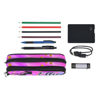 a pencil case with a pen, pencils, and other items