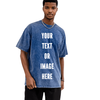 a man wearing a blue t - shirt that says your text or image here