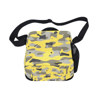 a yellow and grey camouflage bag with a black strap