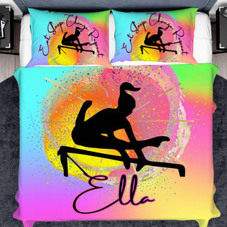 a bed with a picture of a man on a surfboard