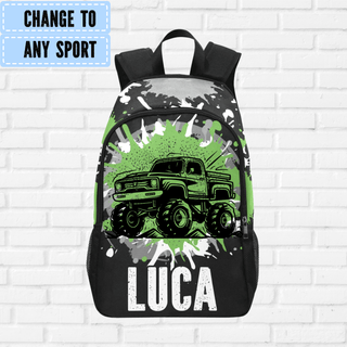 a backpack with a green and black truck on it