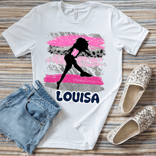 a white t - shirt with a silhouette of a woman holding a tennis racket