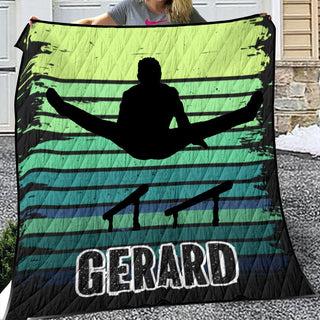 a woman holding a quilt with a picture of a snowboarder on it