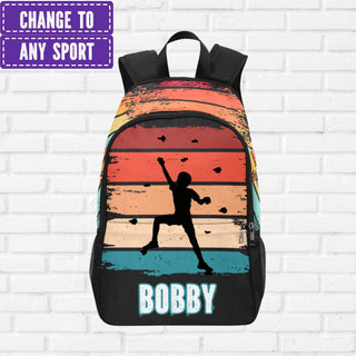 a colorful backpack with a baseball player on it