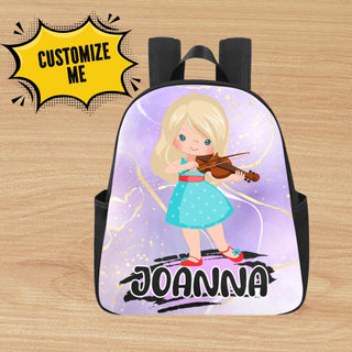 a backpack with a picture of a girl playing the violin