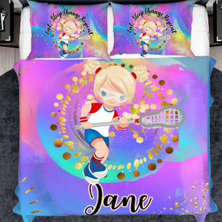 a bed with a picture of a girl holding a tennis racquet