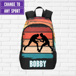 a backpack with a picture of two men fighting each other