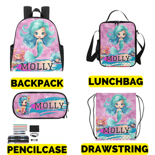 a set of three backpacks with a picture of a mermaid