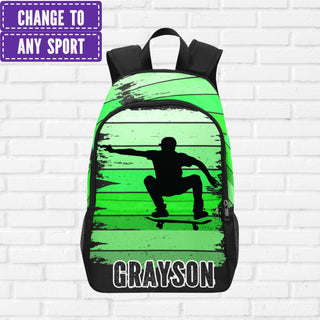 a green and black backpack with a picture of a skateboarder