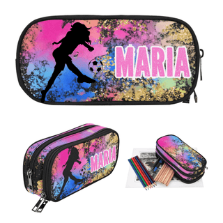 a pencil case with a picture of a girl kicking a soccer ball