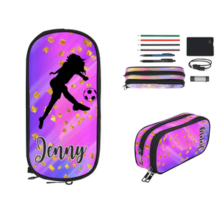 a pencil case with a picture of a girl kicking a soccer ball