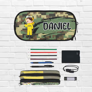 a pencil case with a picture of a boy on it