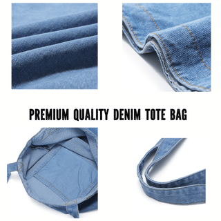 a picture of a denim bag with the words premium quality denim tote bag