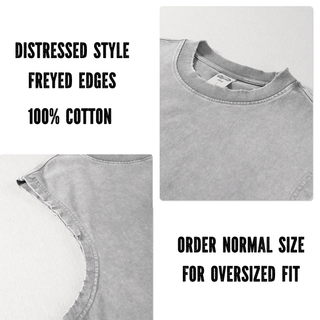 a picture of a grey shirt with the words, distressed style frayed edges 100