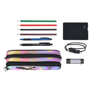 a pencil case, a pen case, and several other items