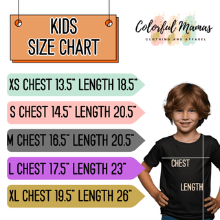 a young boy standing in front of a sign that says kids size chart