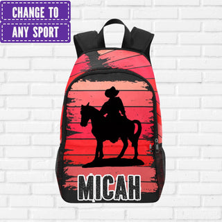 a backpack with a picture of a cowboy on it