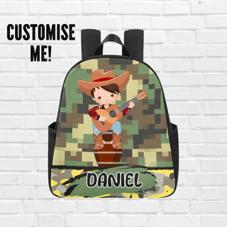 a backpack with a picture of a boy playing a guitar