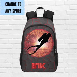 a backpack with a picture of a person diving