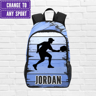 a backpack with a picture of a man holding a ball