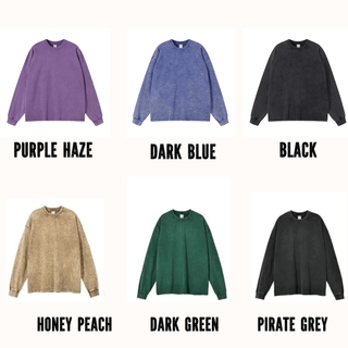 a bunch of sweaters that say purple haze, dark blue, black, and