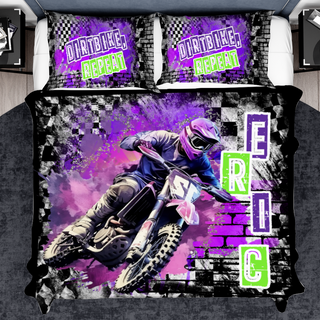 a person riding a dirt bike on a purple and black background