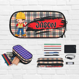 a personalized pencil case with a construction theme