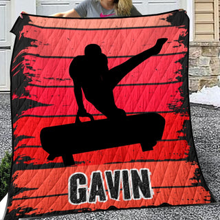 a woman holding a quilt with a picture of a skateboarder on it