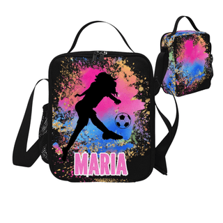 a colorful bag with a silhouette of a woman kicking a soccer ball