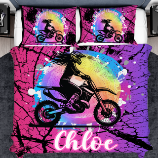 a bed with a picture of a person on a dirt bike