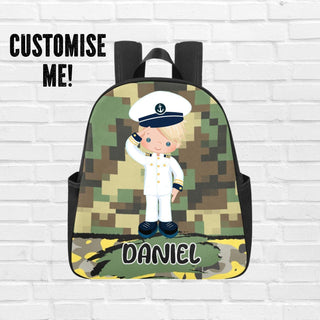 a backpack with a picture of a boy in a uniform