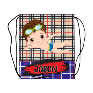 a picture of a boy swimming on a plaid bag