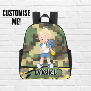 a backpack with a picture of a little boy holding a tennis racket