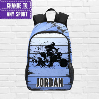 a backpack with a picture of a person on a motorcycle