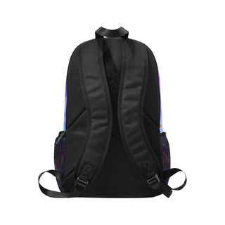 a black backpack with a purple and blue design on the front