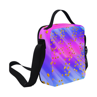 a purple and blue bag with gold stars on it