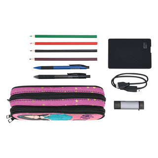 a pencil case with a pencil, pencils, and other items