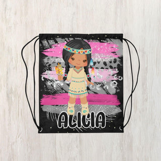 a drawsack bag with a native girl on it