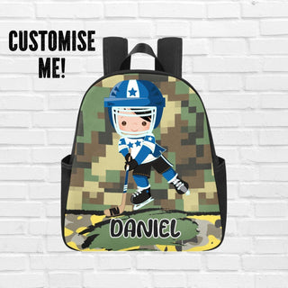 a backpack with a picture of a hockey player on it