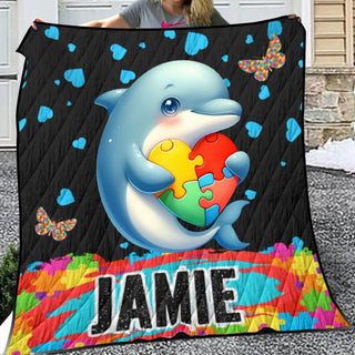 a girl holding a colorful dolphin holding a puzzle