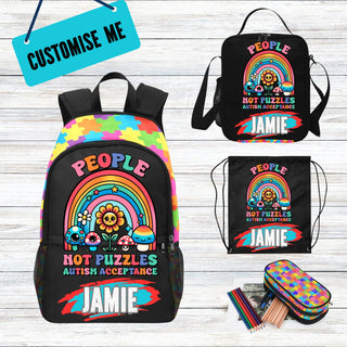 a colorful backpack with a name tag on it