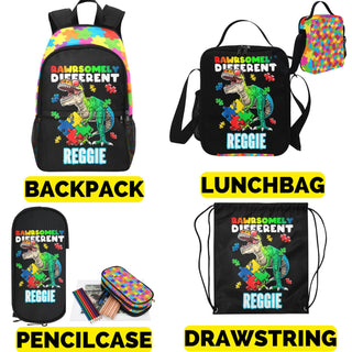 a back pack, lunch bag, pencil case, drawstring bag, lunch