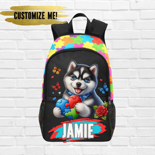 a backpack with a picture of a husky holding a teddy bear